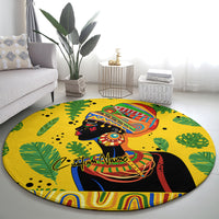 Round yellow area rug with African woman portrait, colorful patterns, tropical leaves
