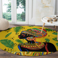 Round yellow area rug with African woman portrait, green leaf motifs, colorful swirls