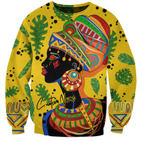 Yellow unisex sweatshirt with colorful African woman face and tropical leaf graphic