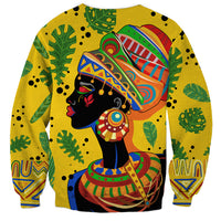 Yellow unisex sweatshirt featuring African woman profile and multicolor tropical patterns