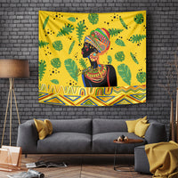 Yellow wall tapestry with central African woman figure, green foliage, and zigzag border