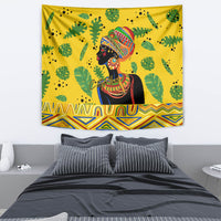 Yellow tapestry featuring stylized African woman in colorful dress with green leaf motifs