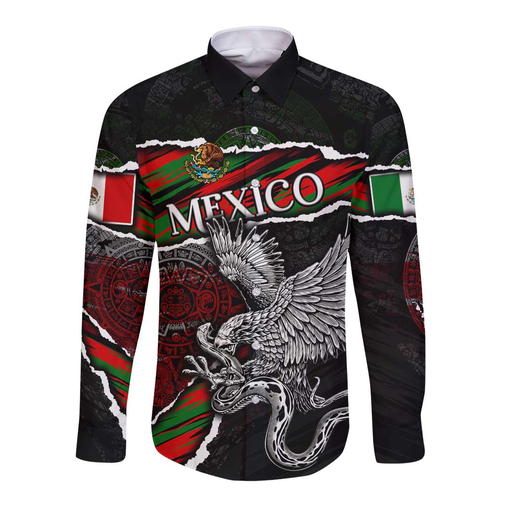 Eagle Snake Mexico Long Sleeve Button Shirt Aztec Sun Stone