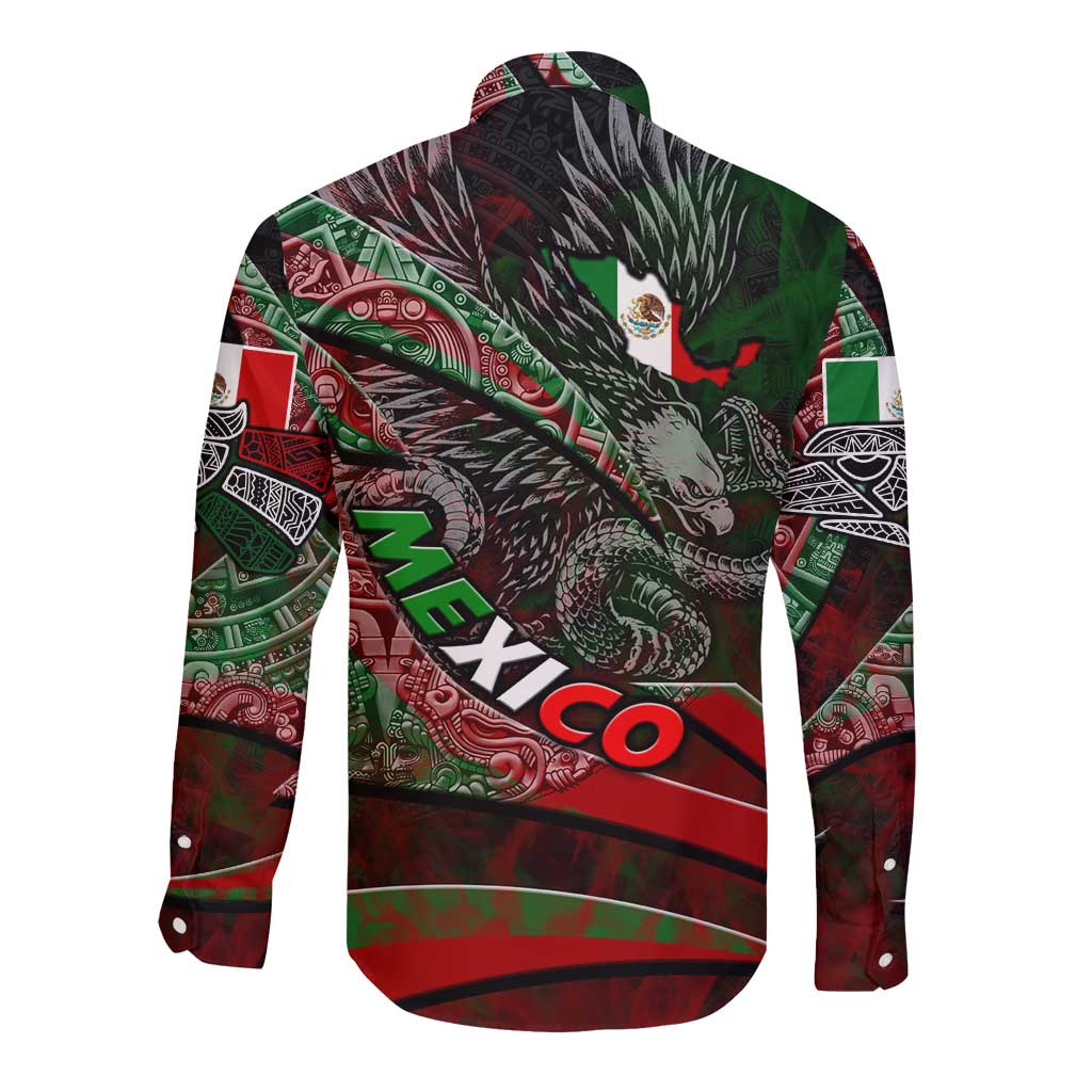 Mexico Aztec Eagle Flag Long Sleeve Button Shirt Tribal Warrior Art