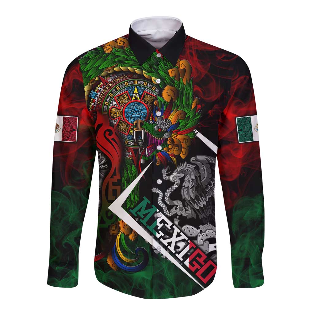 Long sleeve button shirt with colorful Aztec calendar, eagle and serpent front print