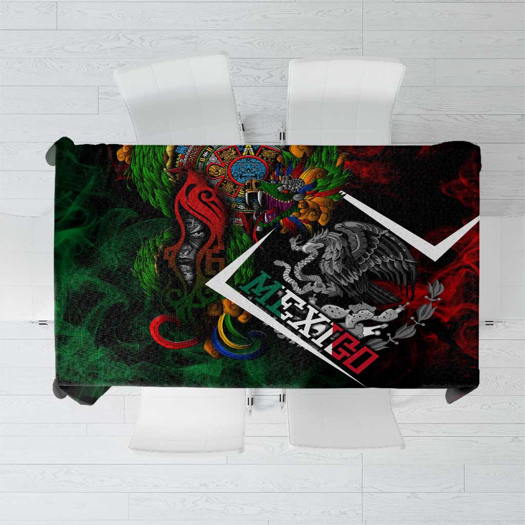 Tablecloth with Aztec-style eagle and serpent graphic in red, green, and black