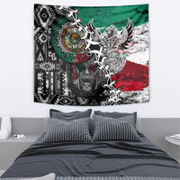 Aztec warrior tapestry wall hanging with central eagle, skull face, and tribal black-and-white patterns