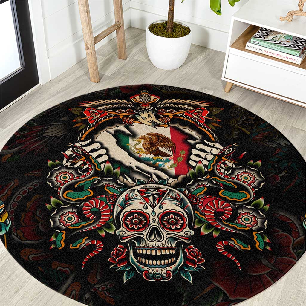 Mexico Sugar Skull Round Carpet Tattoo Art Mexican Flag