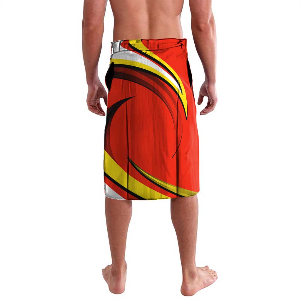 Red lavalava wrap skirt with large circular graphic and multicolor flag stripes