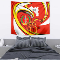 Red flag tapestry with Tigray crest, lion warriors, and region silhouette map