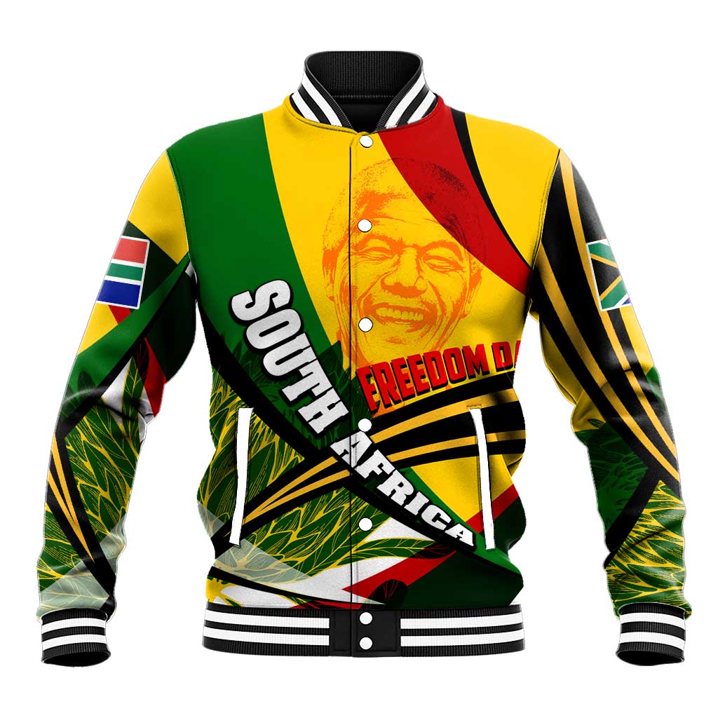 Unisex multicolor baseball jacket with Mandela portrait, Freedom Day print, snap buttons