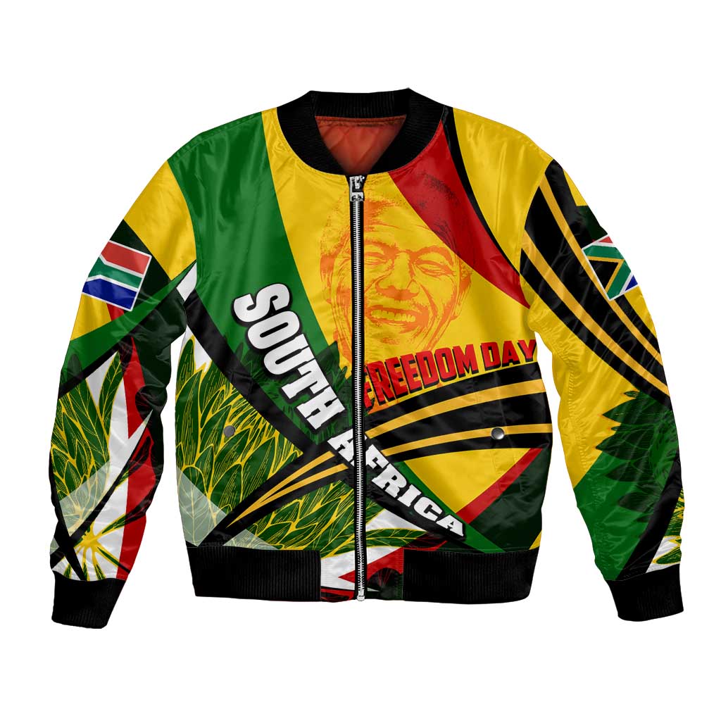 Multicolor bomber jacket with zip front and South Africa flag graphics, Mandela portrait
