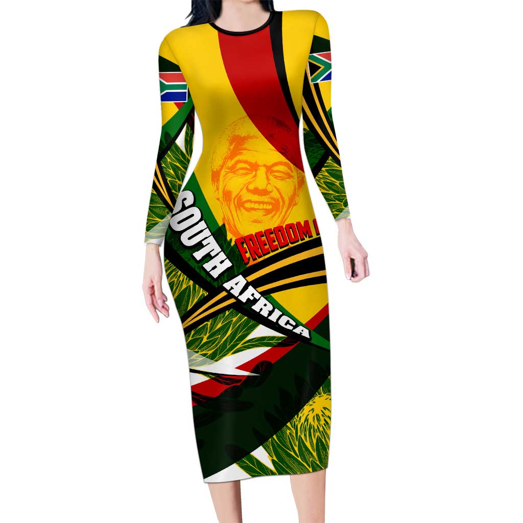 South Africa Freedom Day Long Sleeve Bodycon Dress Mandela Legacy National Pride Protea Flower