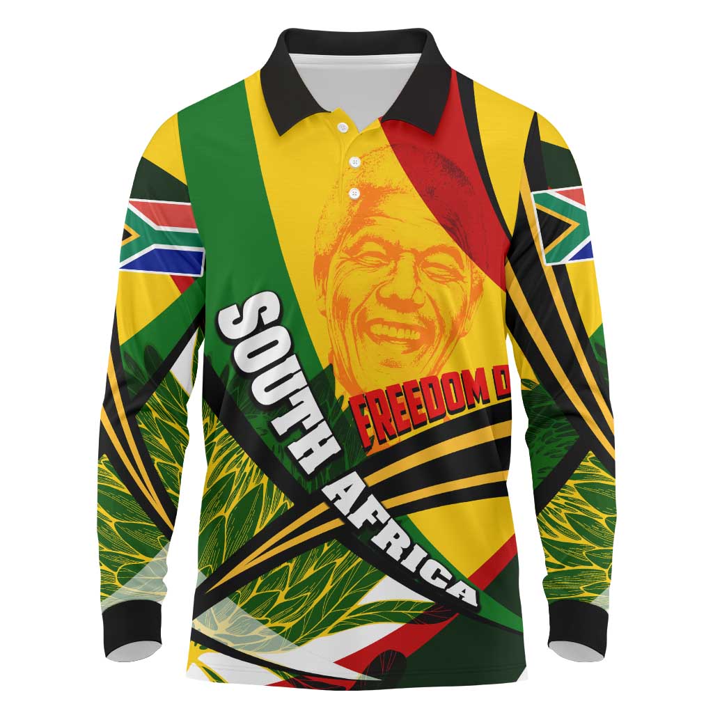 South Africa Freedom Day Long Sleeve Polo Shirt Mandela Legacy National Pride Protea Flower