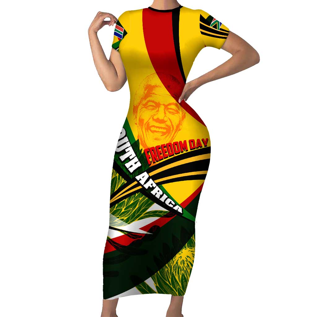 South Africa Freedom Day Short Sleeve Bodycon Dress Mandela Legacy National Pride Protea Flower