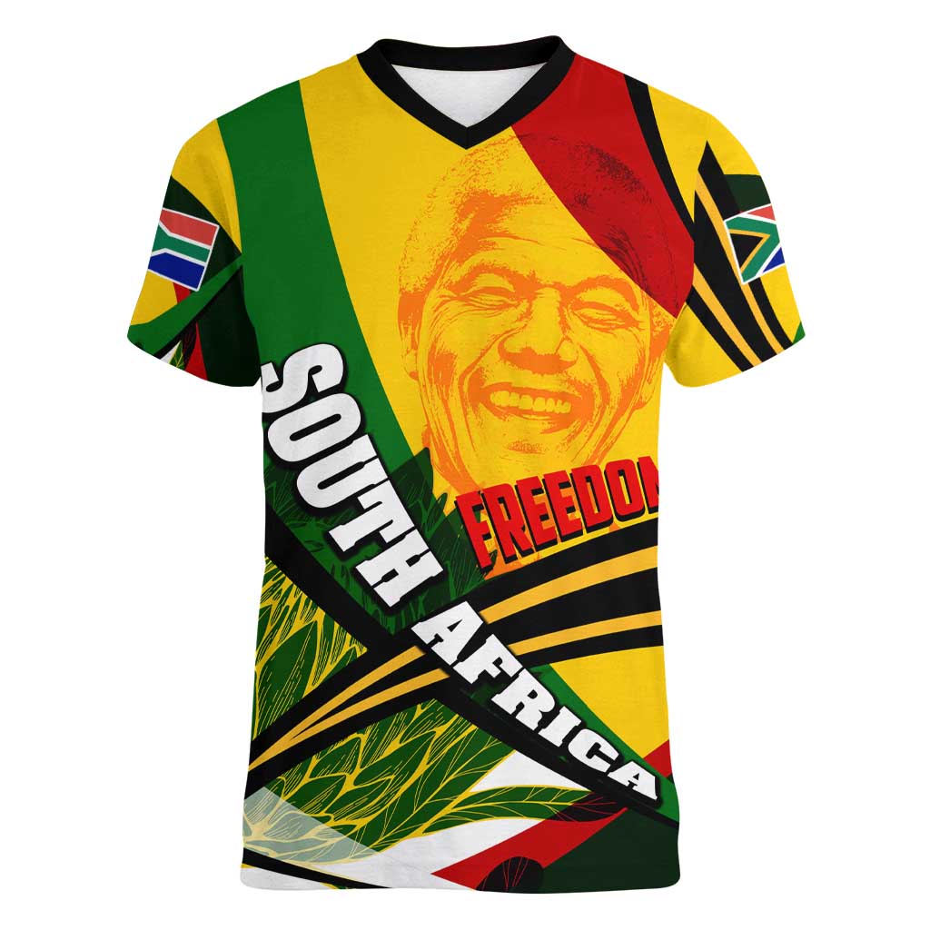 South Africa Freedom Day Women V-Neck T-Shirt Mandela Legacy National Pride Protea Flower