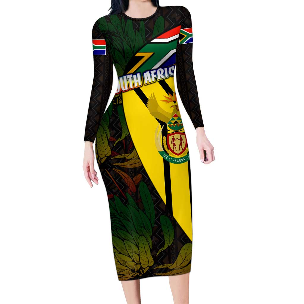 South Africa Coat Of Arms Long Sleeve Bodycon Dress Protea Unity Heritage