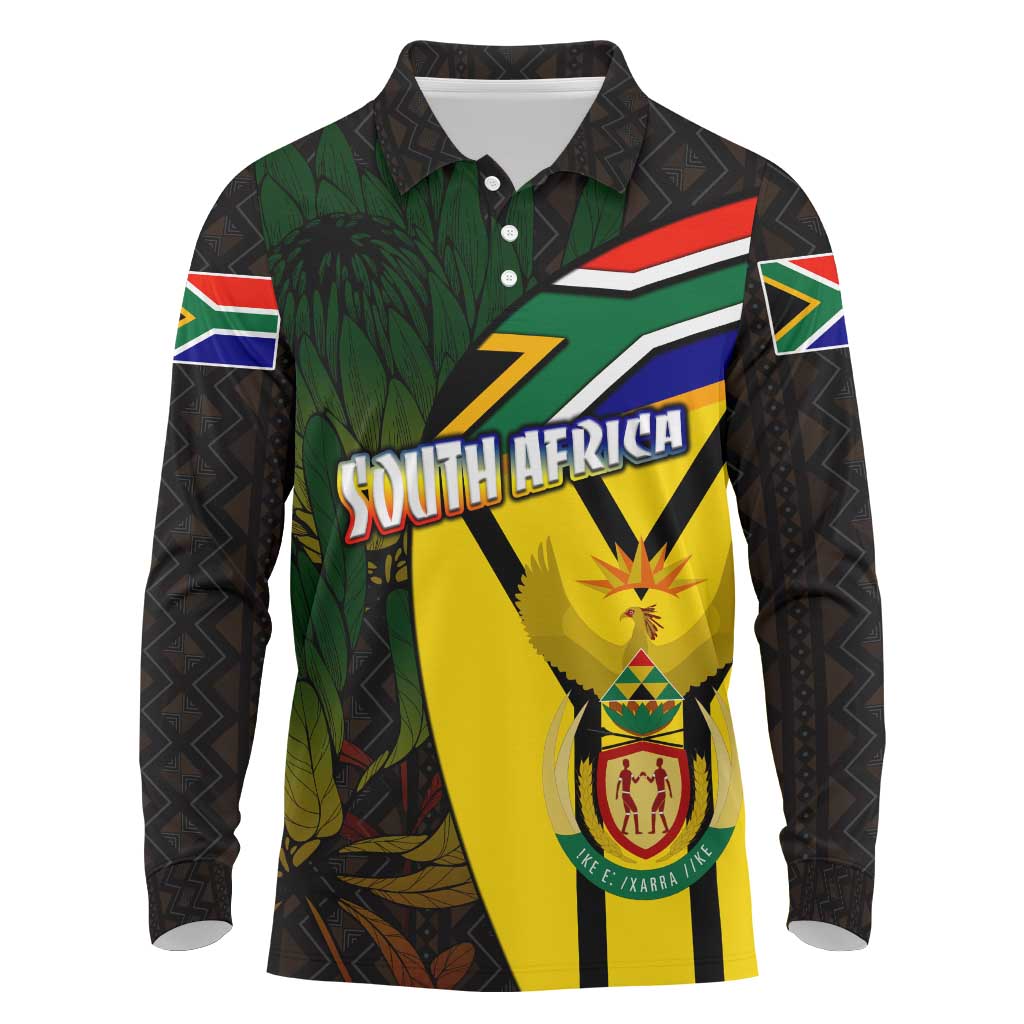 South Africa Coat Of Arms Long Sleeve Polo Shirt Protea Unity Heritage