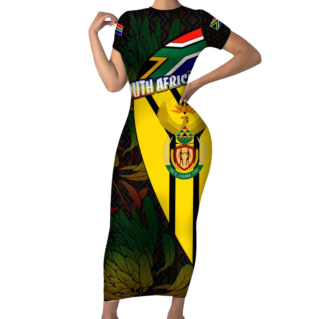 South Africa Coat Of Arms Short Sleeve Bodycon Dress Protea Unity Heritage