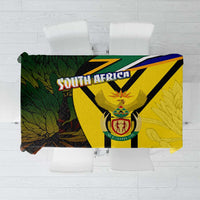 South Africa coat of arms tablecloth with protea and flag-style yellow, green, blue print