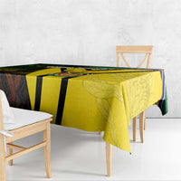 South Africa coat of arms tablecloth with yellow center and black striped border, draped