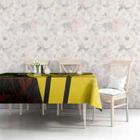South Africa coat of arms tablecloth on dining table with yellow and black striped protea design