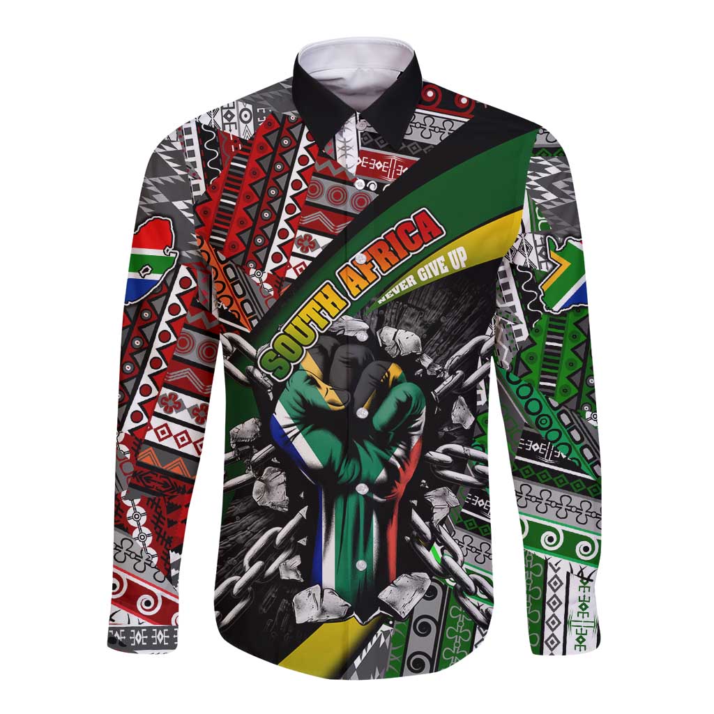 Long sleeve button shirt with black collar; South Africa graphic print and colorful sleeves