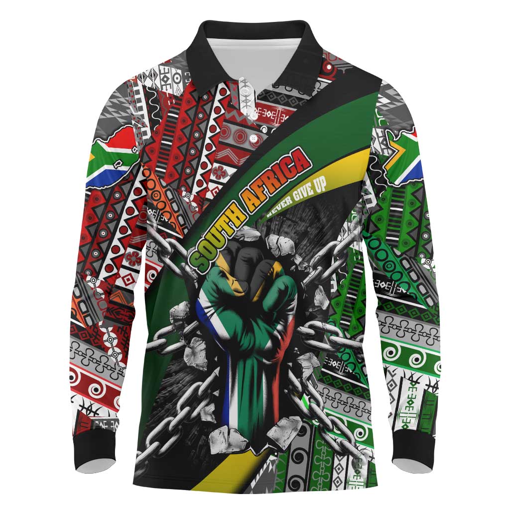 South Africa Never Give Up Long Sleeve Polo Shirt SA Fist of Freedom