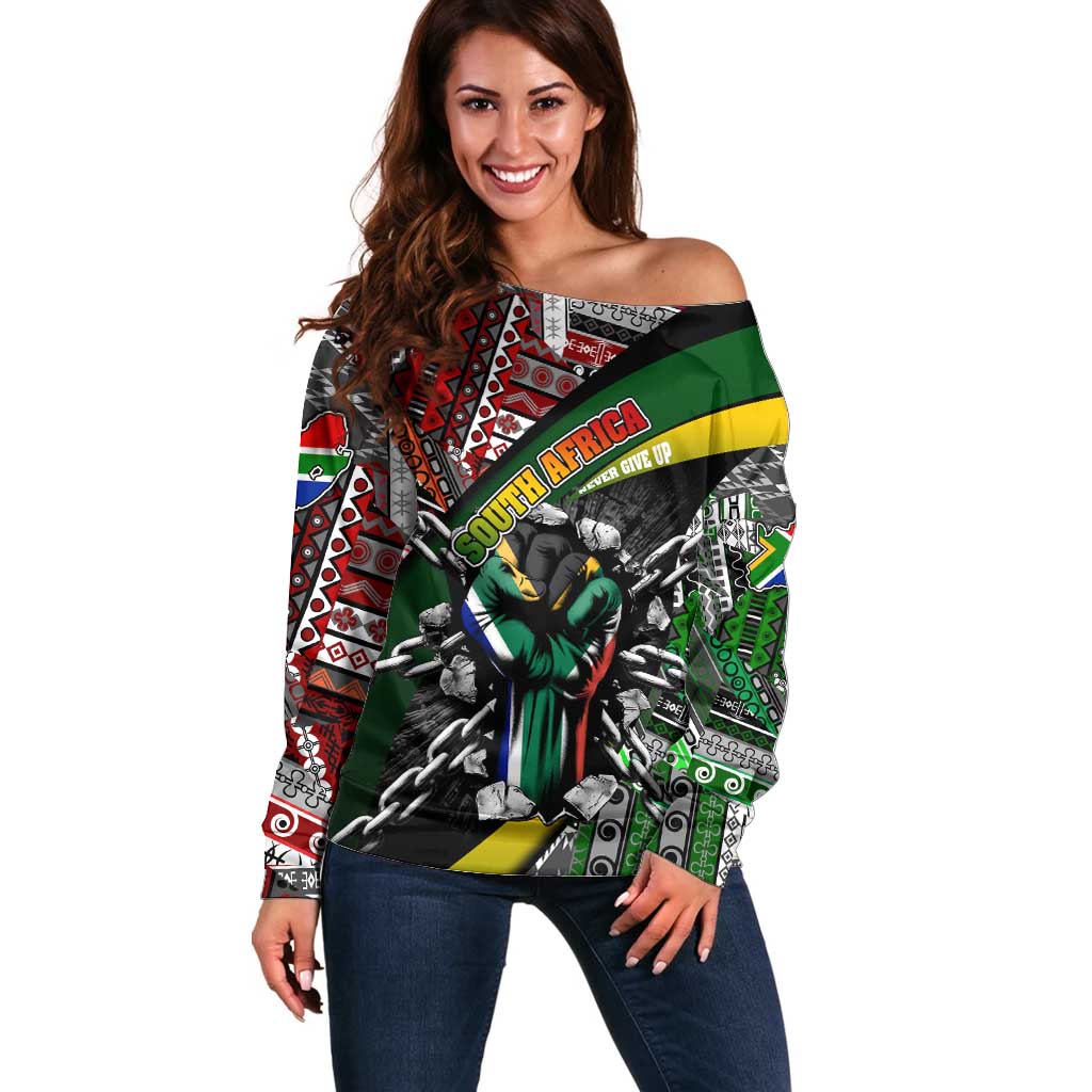 South Africa Never Give Up Off Shoulder Sweater SA Fist of Freedom