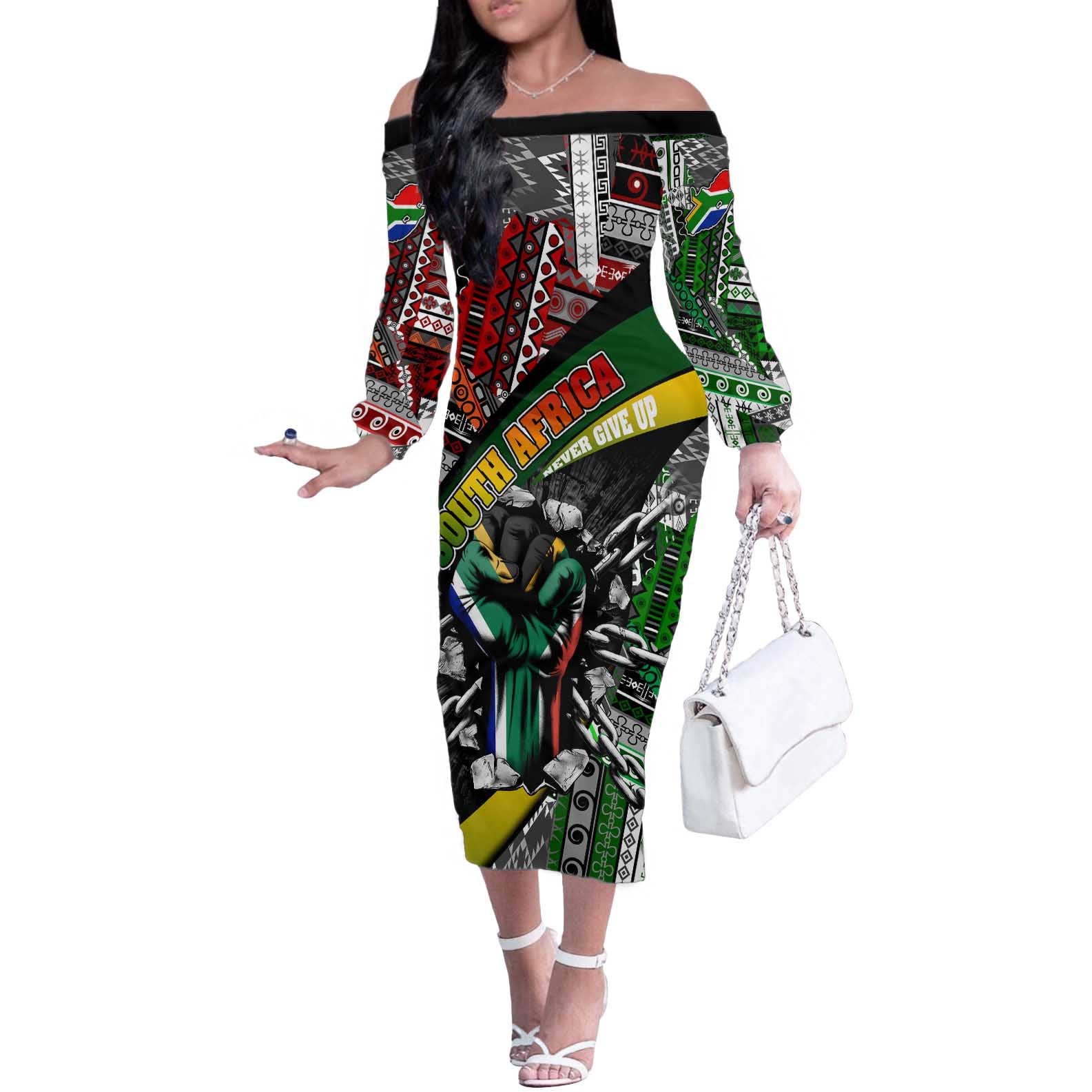 South Africa Never Give Up Off The Shoulder Long Sleeve Dress SA Fist of Freedom