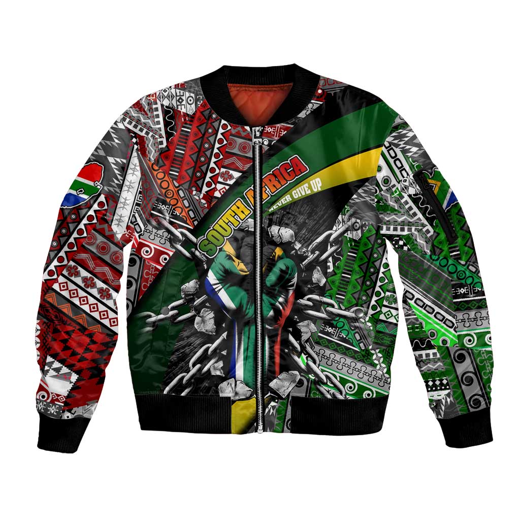 South Africa Never Give Up Sleeve Zip Bomber Jacket SA Fist of Freedom