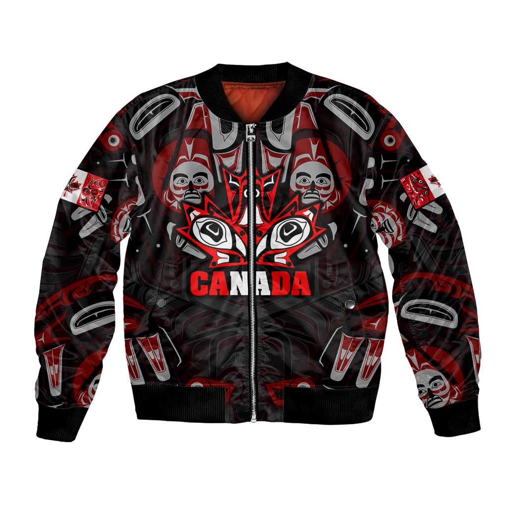 Haida Canada Day Bomber Jacket Totem Inspired Maple Leaf Indigenous Art