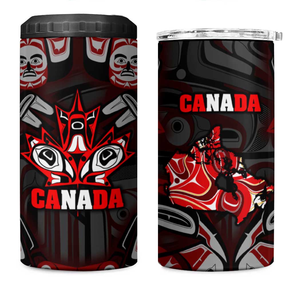 Haida Canada Day 4 in 1 Can Cooler Tumbler Totem Inspired Maple Leaf Indigenous Art