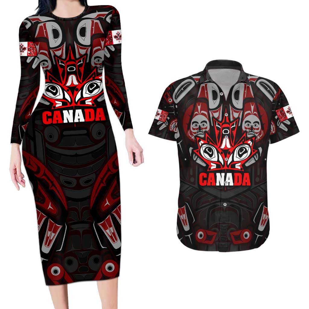 Haida Canada Day Couples Matching Long Sleeve Bodycon Dress and Hawaiian Shirt Totem Inspired Maple Leaf Indigenous Art