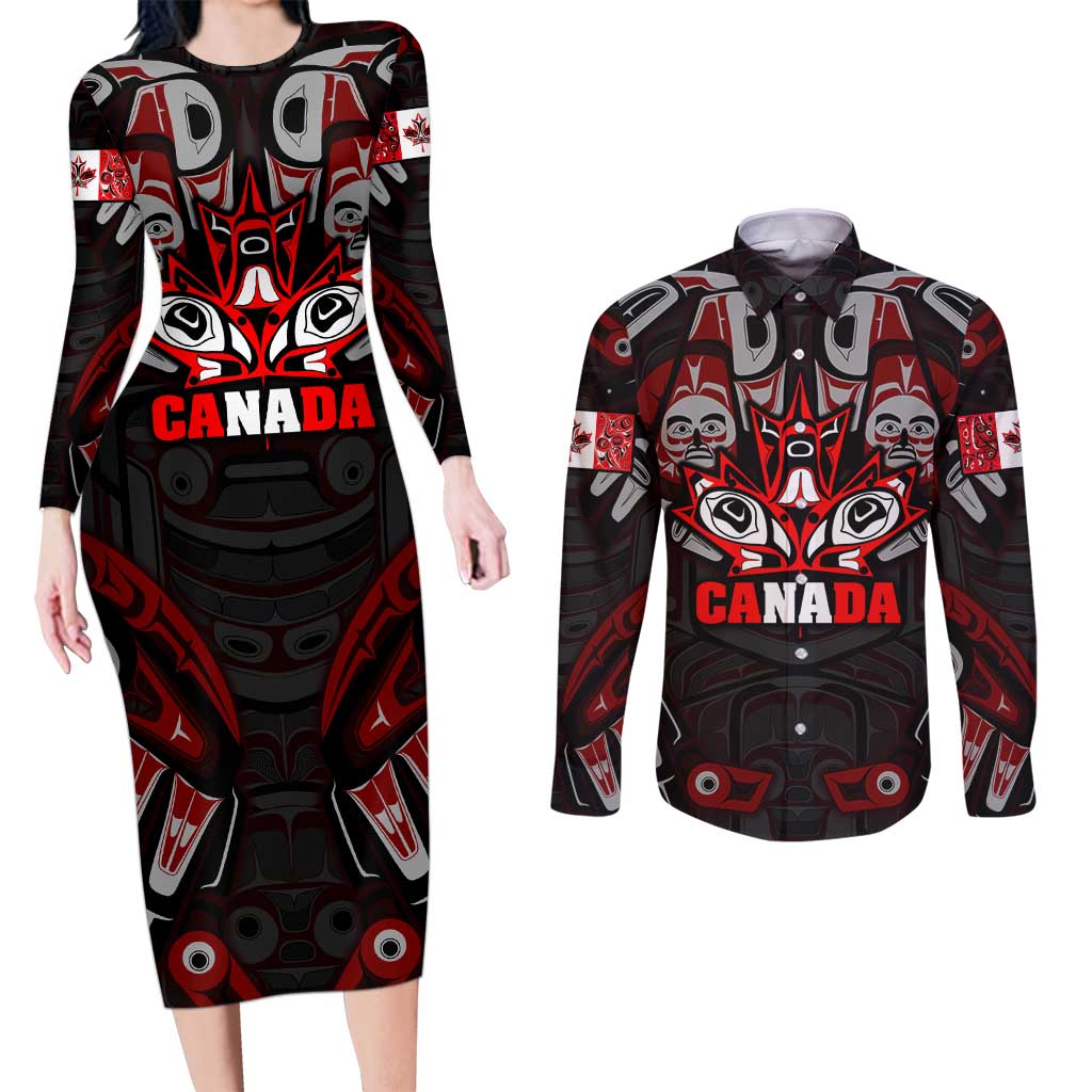 Haida Canada Day Couples Matching Long Sleeve Bodycon Dress and Long Sleeve Button Shirt Totem Inspired Maple Leaf Indigenous Art