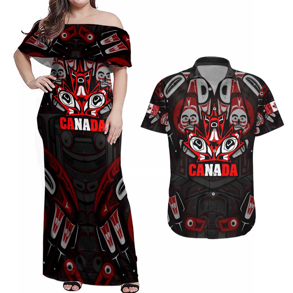 Haida Canada Day Couples Matching Off Shoulder Maxi Dress and Hawaiian Shirt Totem Inspired Maple Leaf Indigenous Art