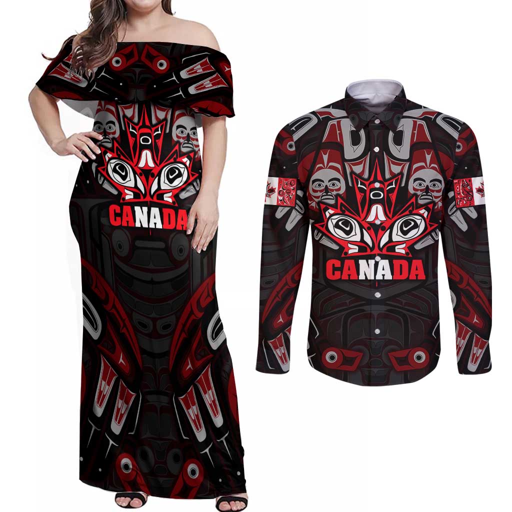 Haida Canada Day Couples Matching Off Shoulder Maxi Dress and Long Sleeve Button Shirt Totem Inspired Maple Leaf Indigenous Art