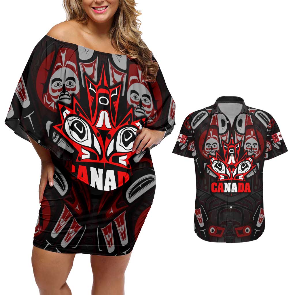 Haida Canada Day Couples Matching Off Shoulder Short Dress and Hawaiian Shirt Totem Inspired Maple Leaf Indigenous Art