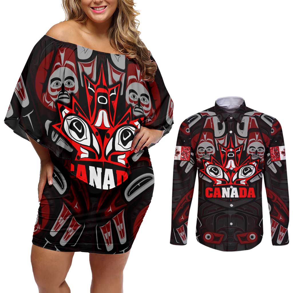 Haida Canada Day Couples Matching Off Shoulder Short Dress and Long Sleeve Button Shirt Totem Inspired Maple Leaf Indigenous Art