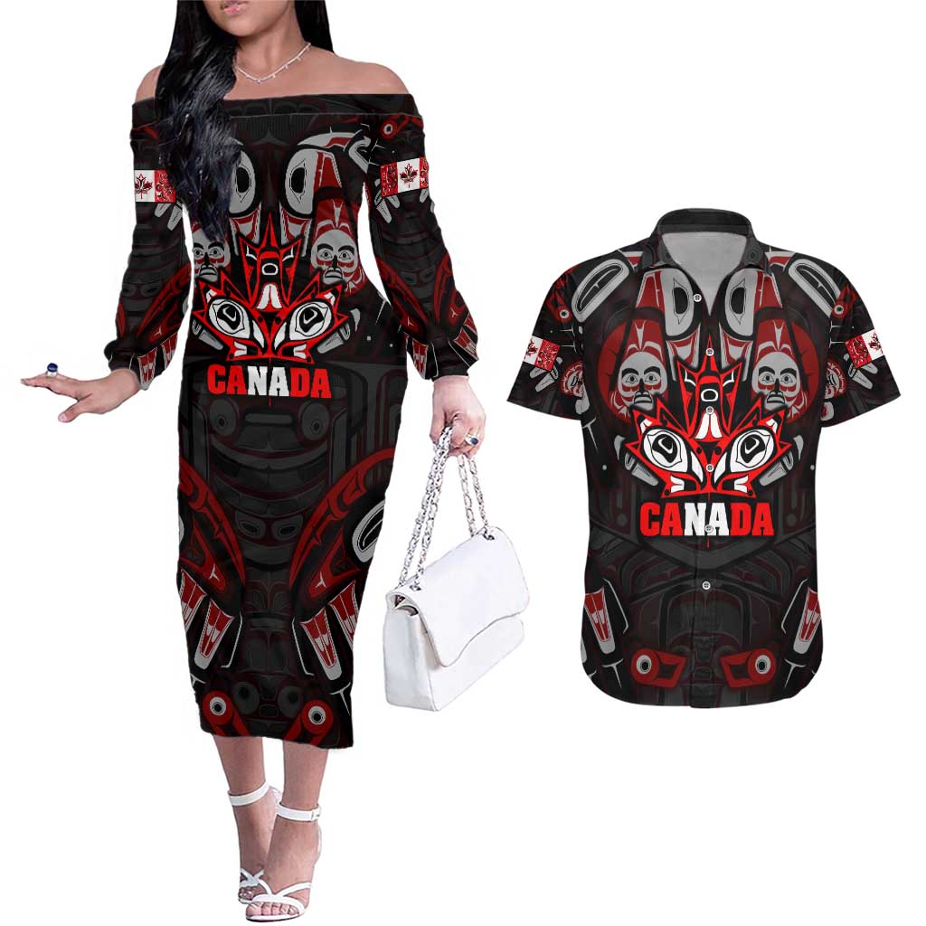 Haida Canada Day Couples Matching Off The Shoulder Long Sleeve Dress and Hawaiian Shirt Totem Inspired Maple Leaf Indigenous Art