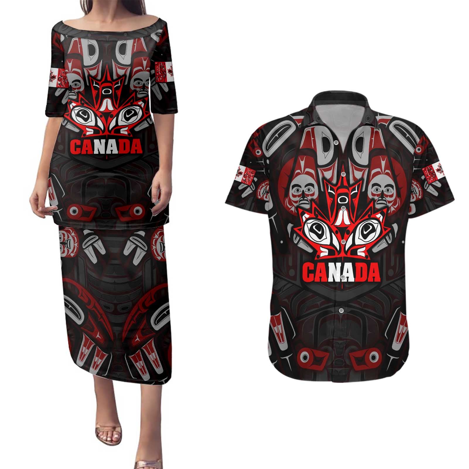 Haida Canada Day Couples Matching Puletasi and Hawaiian Shirt Totem Inspired Maple Leaf Indigenous Art