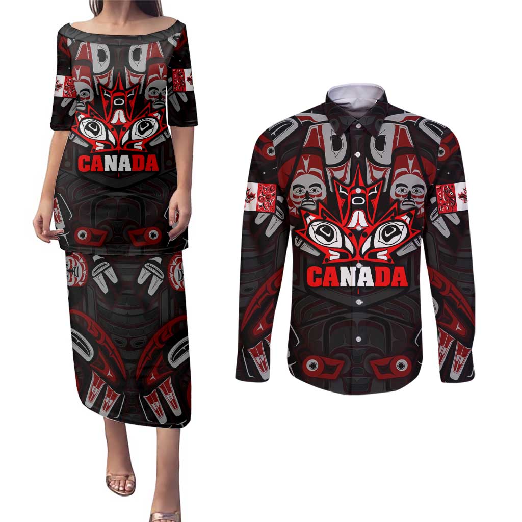 Haida Canada Day Couples Matching Puletasi and Long Sleeve Button Shirt Totem Inspired Maple Leaf Indigenous Art