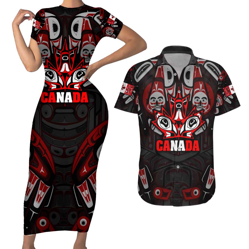 Haida Canada Day Couples Matching Short Sleeve Bodycon Dress and Hawaiian Shirt Totem Inspired Maple Leaf Indigenous Art