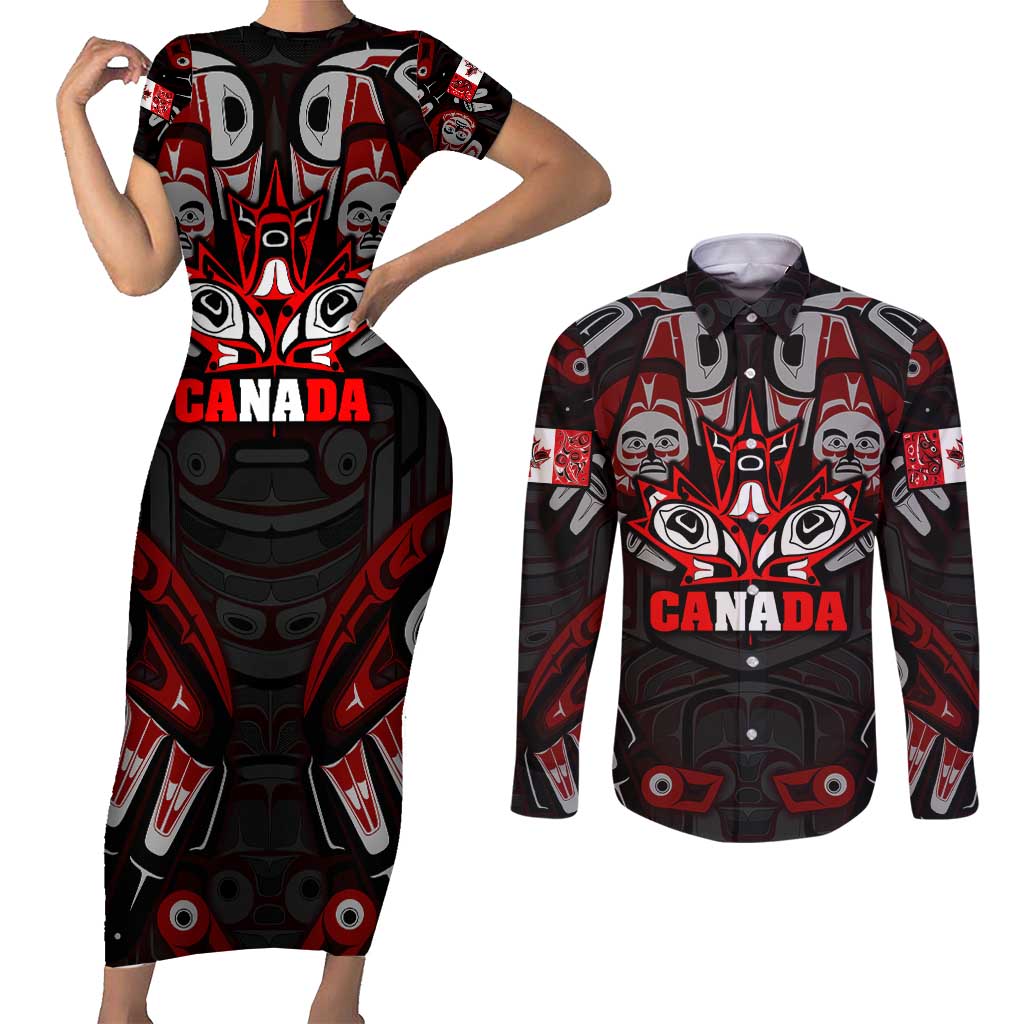 Haida Canada Day Couples Matching Short Sleeve Bodycon Dress and Long Sleeve Button Shirt Totem Inspired Maple Leaf Indigenous Art