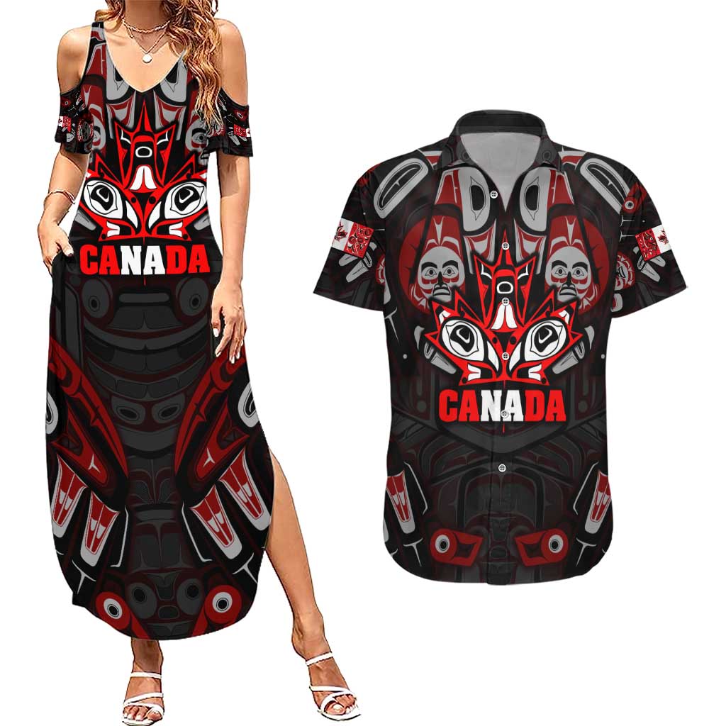 Haida Canada Day Couples Matching Summer Maxi Dress and Hawaiian Shirt Totem Inspired Maple Leaf Indigenous Art