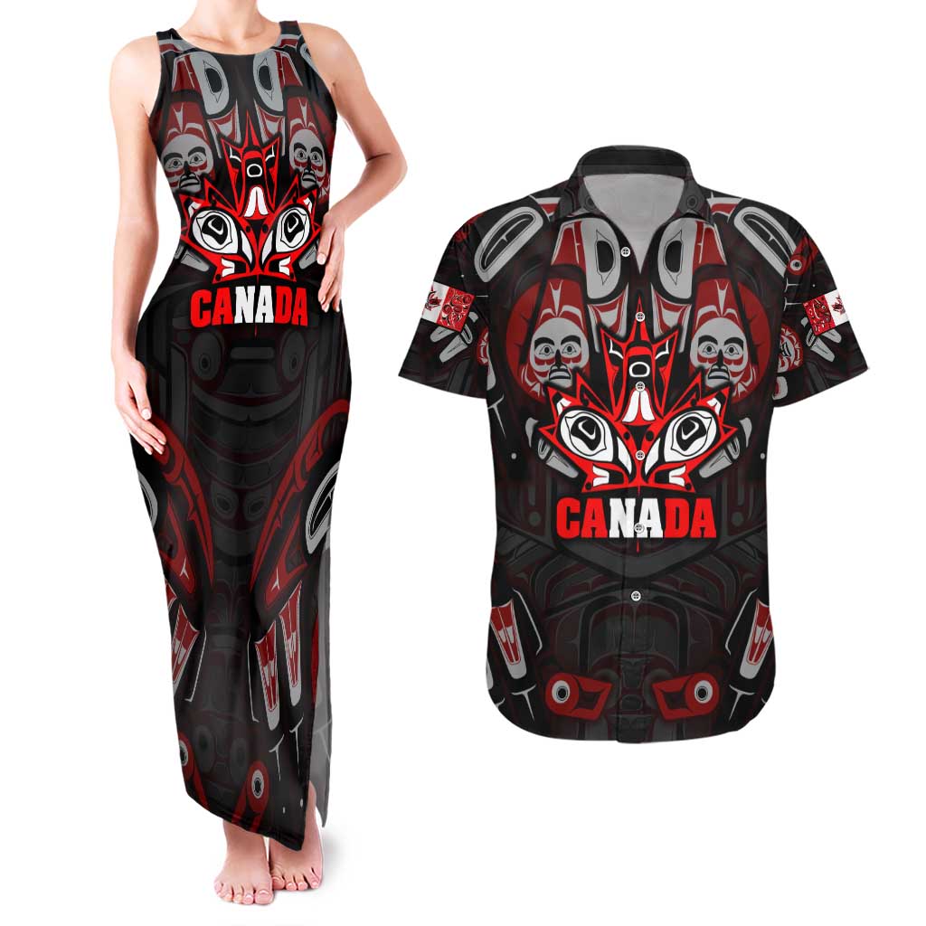 Haida Canada Day Couples Matching Tank Maxi Dress and Hawaiian Shirt Totem Inspired Maple Leaf Indigenous Art