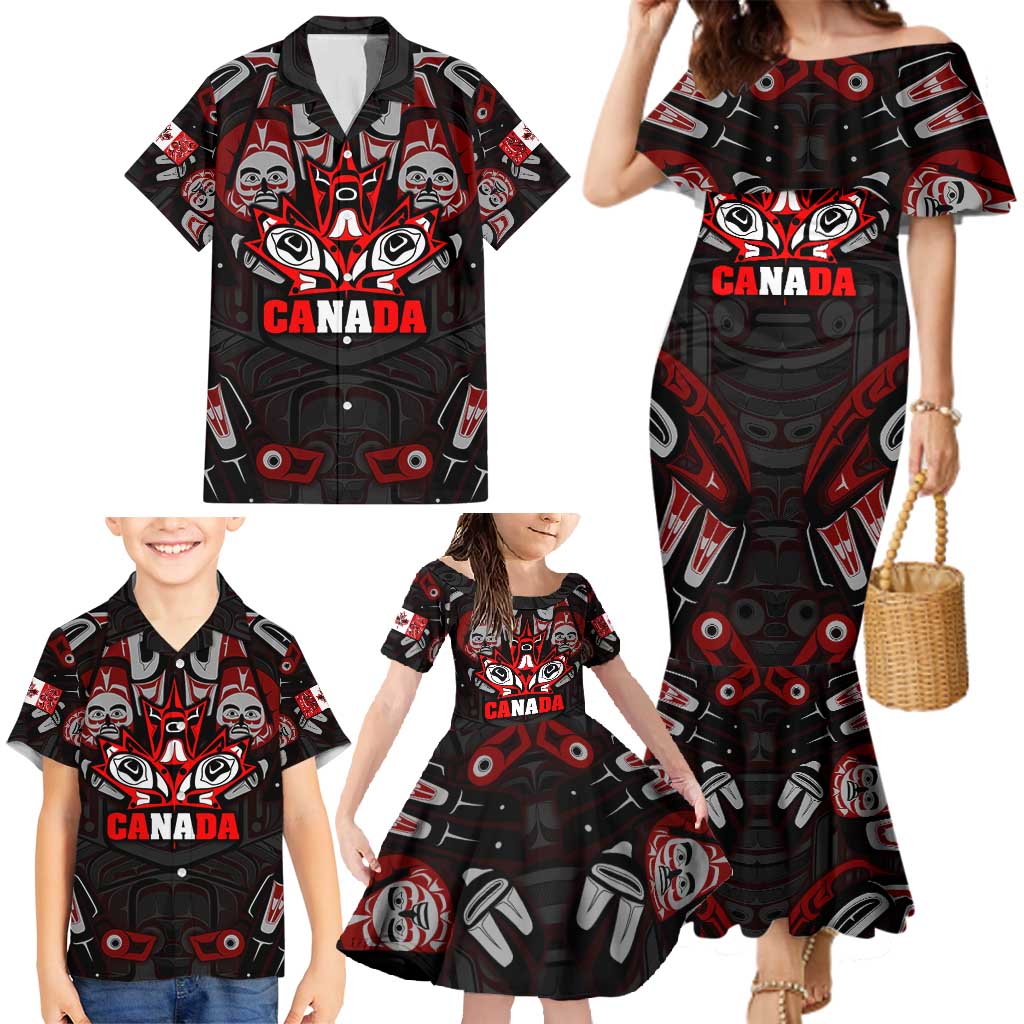 Haida Canada Day Family Matching Mermaid Dress and Hawaiian Shirt Totem Inspired Maple Leaf Indigenous Art