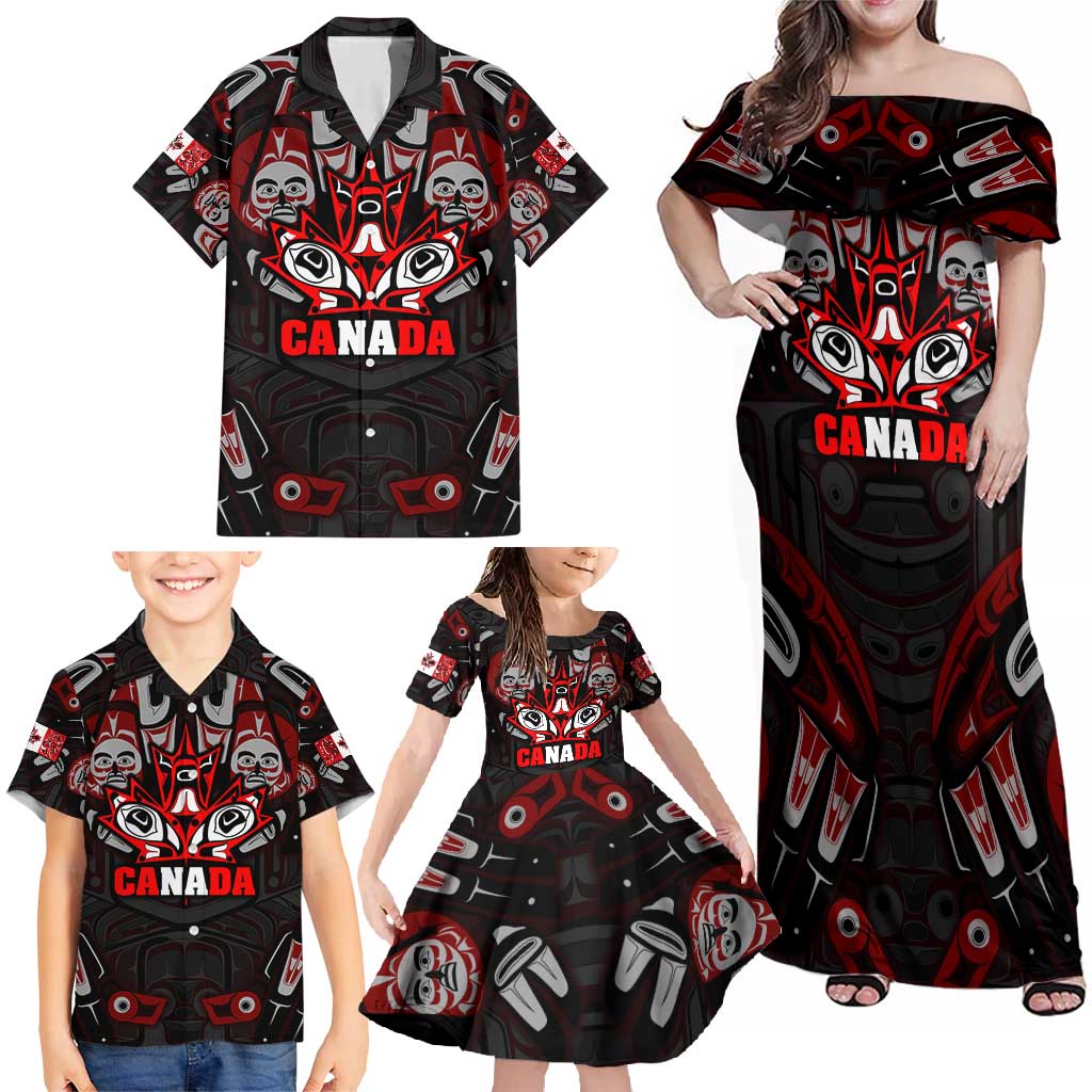 Haida Canada Day Family Matching Off Shoulder Maxi Dress and Hawaiian Shirt Totem Inspired Maple Leaf Indigenous Art