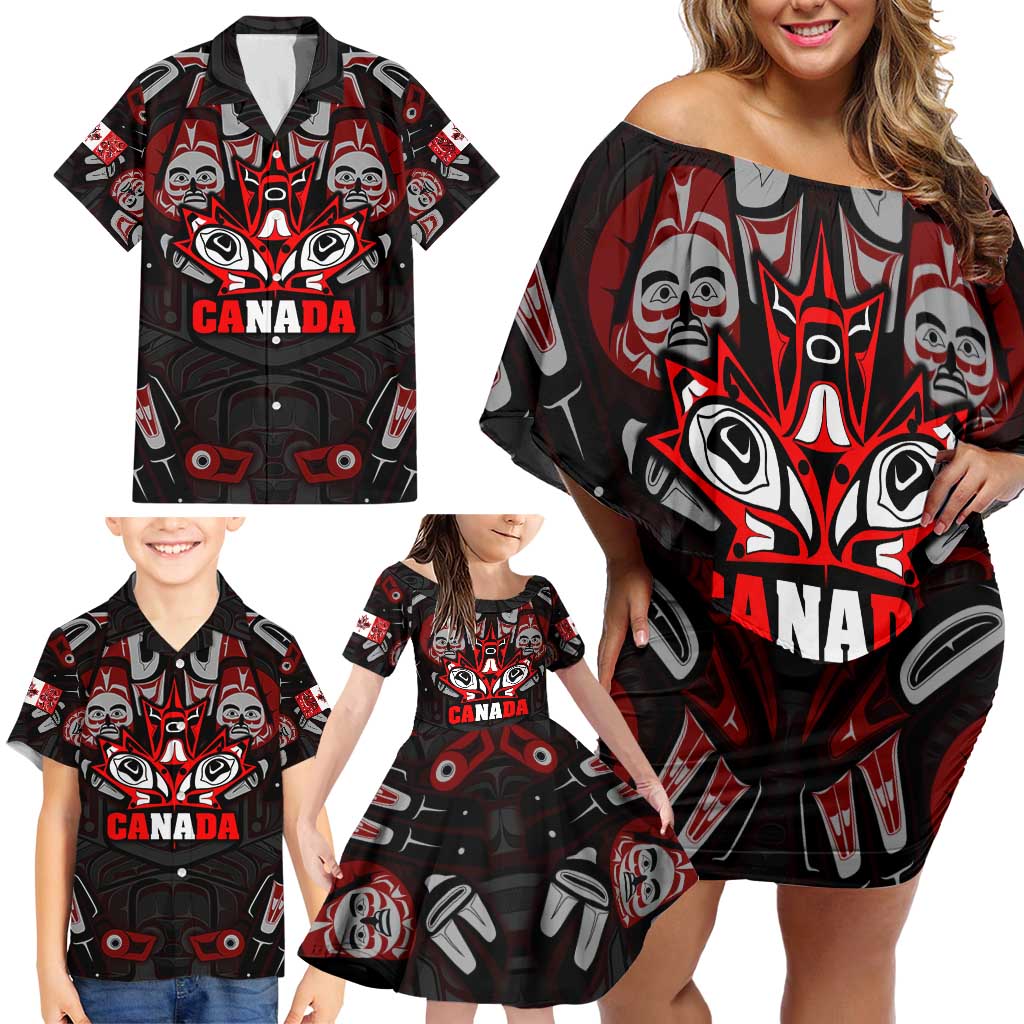 Haida Canada Day Family Matching Off Shoulder Short Dress and Hawaiian Shirt Totem Inspired Maple Leaf Indigenous Art