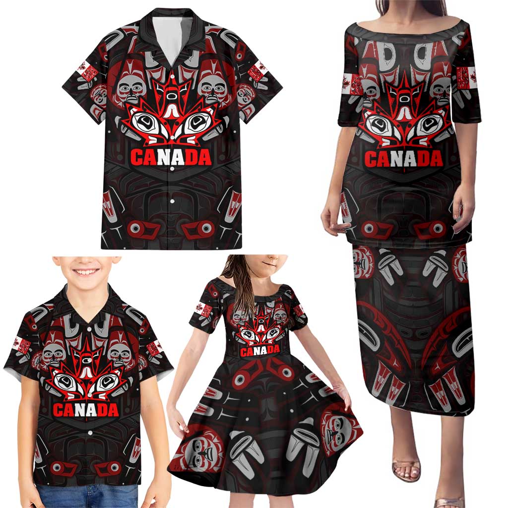 Haida Canada Day Family Matching Puletasi and Hawaiian Shirt Totem Inspired Maple Leaf Indigenous Art